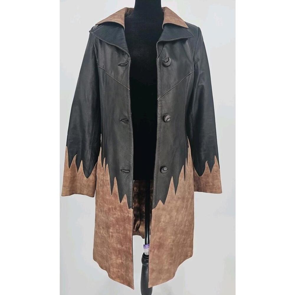 Two Tone Lambskin Trench Coat Medium Black With Brown Flames Made In Turkey